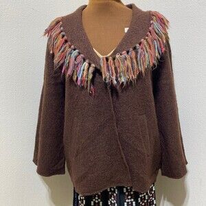 Lark Lane 100% Wool Fringe Brown Shawl/ Cardigan Size Large